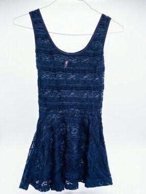 You Are Not Alone Navy Blue All Over Lace Tiered Peplum Tank Top